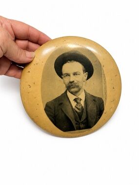 6” metal tin button antique photograph of man